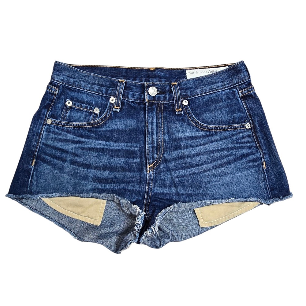 Rag & Bone Blue Denim Mid Rise Frayed Raw Hem Cut Off Jean Shorts Womens 25 NWOT